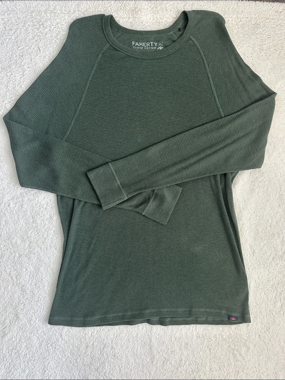 Faherty Men XL Green Long Sleeve Waffle Thermal Cloud Cotton Crewneck Shirt Gorp